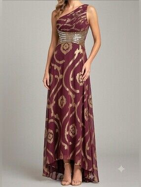 One-Shoulder High-Low Bodycon Maxi Burgundy Gold Evening Gown